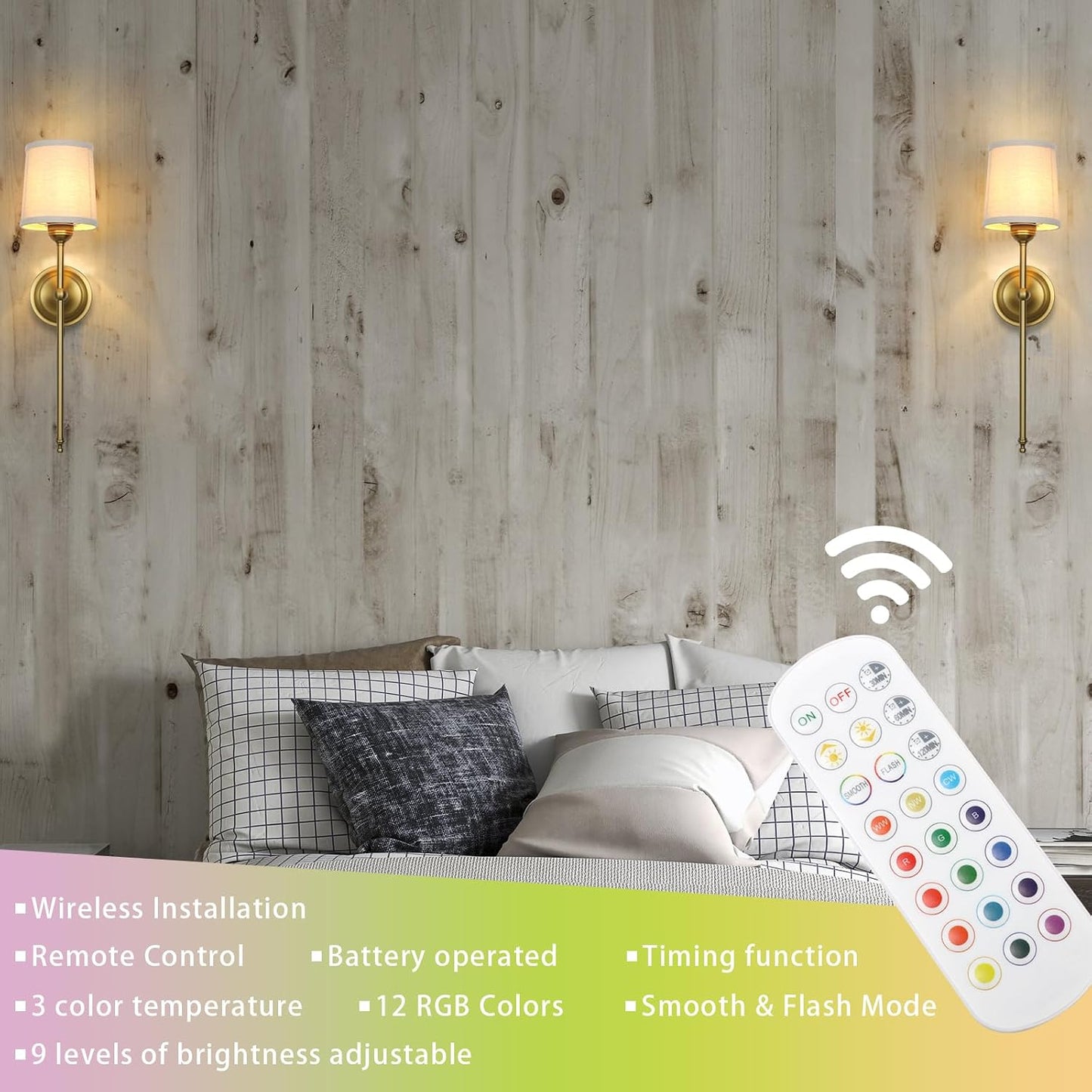 Battery Operated Sconces Wall Lighting Set of 2 with Fabric Shade | Linen Cloth Wall Sconces RGB Color Changing USB