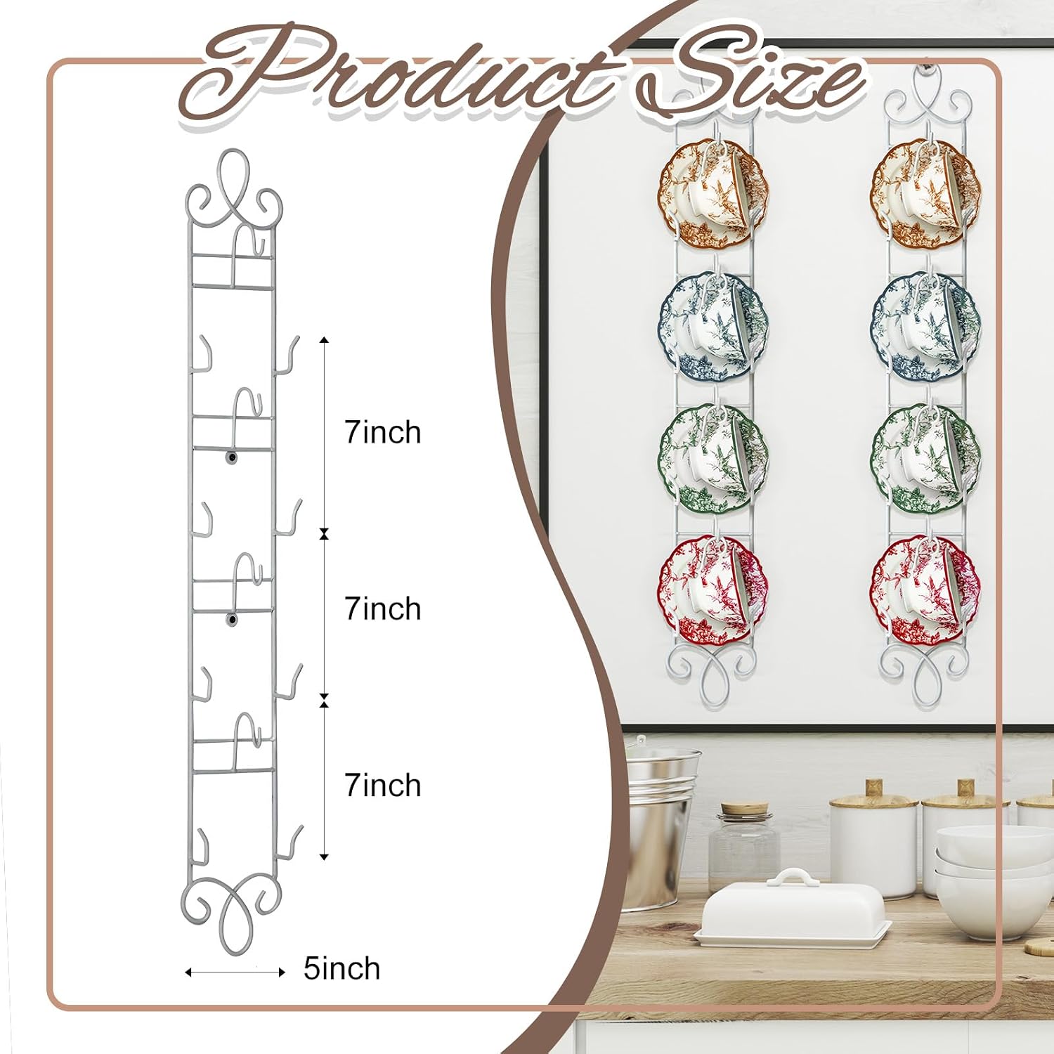 Blulu 2 Pcs Wall Mounted Tea Cup & Saucer Display Rack 4 Tiers,White | 36 x 5 Inch Vertical Metal Mug & Plate Hanger