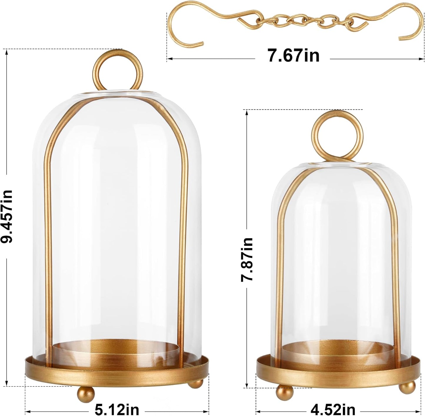 Glass Hurricane Candle Holder Decorative Golden Candle Lantern | Pillar Candlestick Holders Set of 2, Hanging Metal