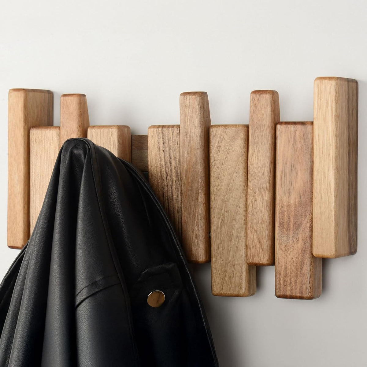 Walnut Piano Key Coat Rack with 4 Flip Hooks | Solid walnut wall-mounted coat rack with 4 flip hooks for coats, hats