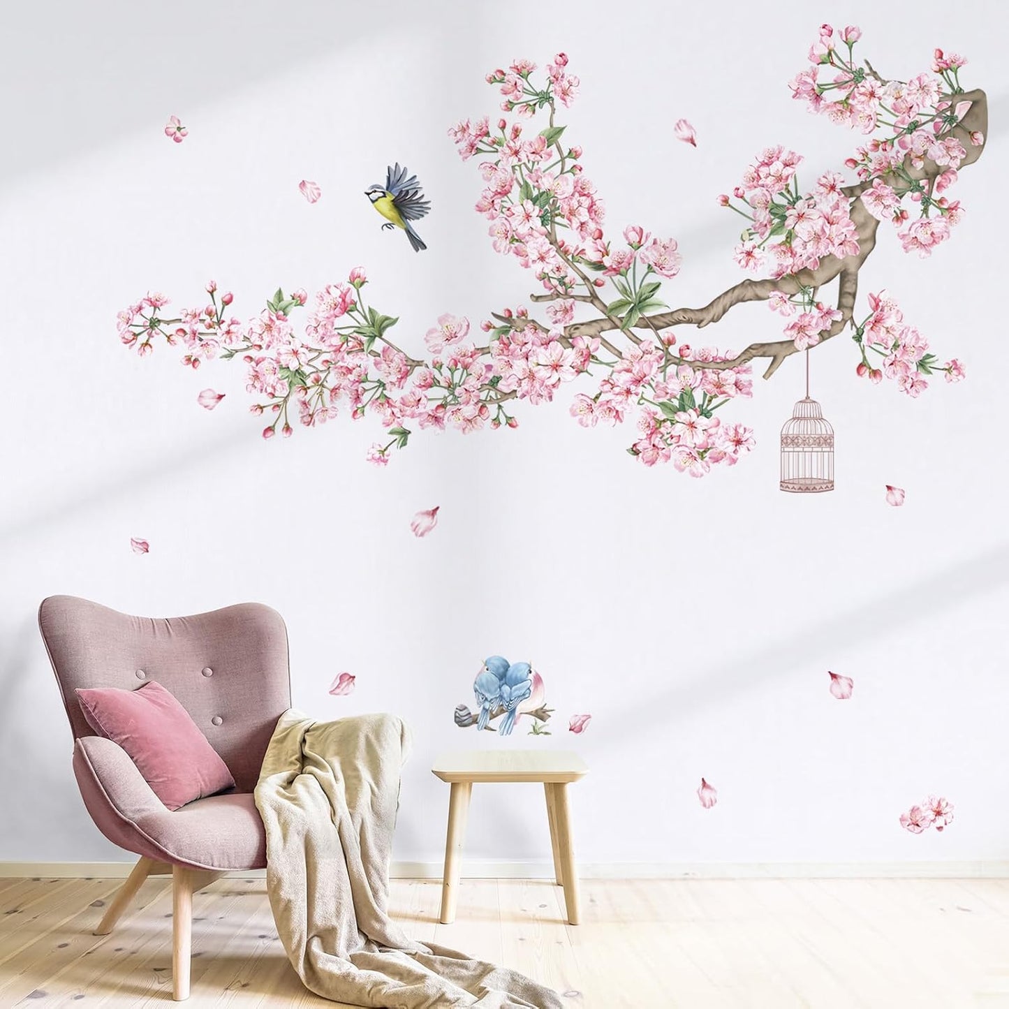 Cherry Blossom Tree Branch Wall Decals Flower Birds Wall Stickers Bedroom Living Room Sofa TV / Pink