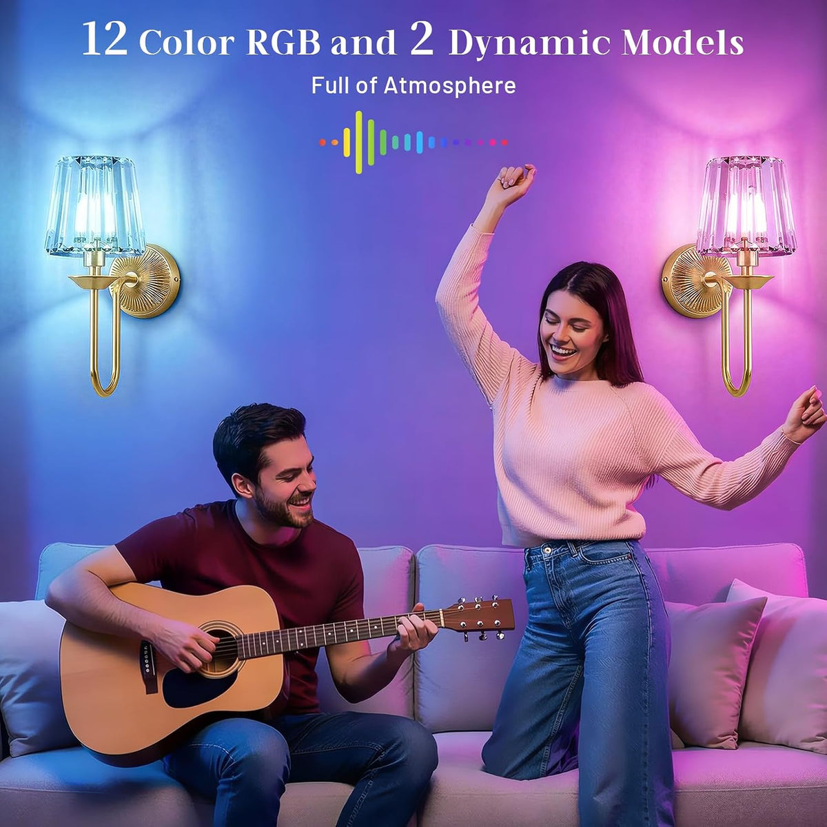 Gold Battery Operated Wall Sconces Set of Two, Crystal Wireless Rechargeable Wall Lights with Remote, Dimmable 3 CCT
