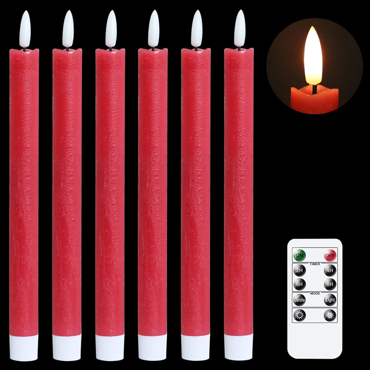 GenSwin Flameless Taper Candles LED Battery Operated Remote Timer Red
