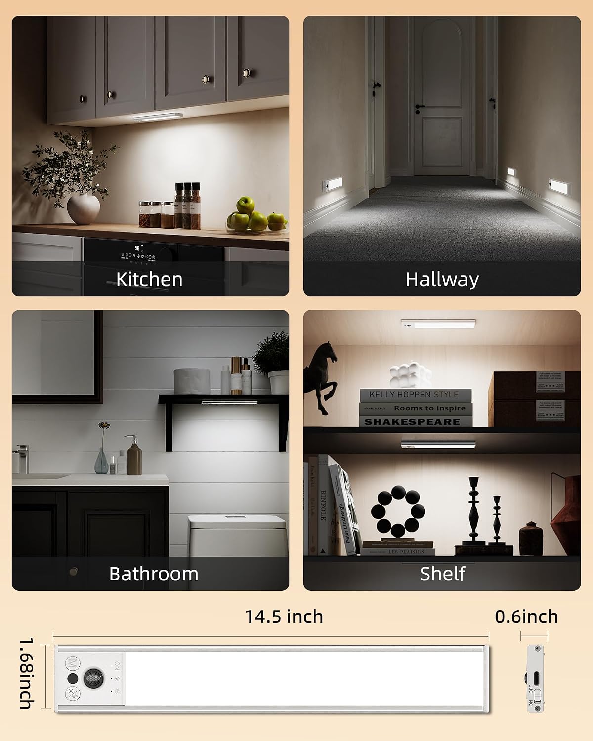 EZVALO 14.5inch Under Cabinet Lighting, 2 Pack 3500mAh Rechargeable Wireless Motion Sensor Lights Indoor, Dimmable