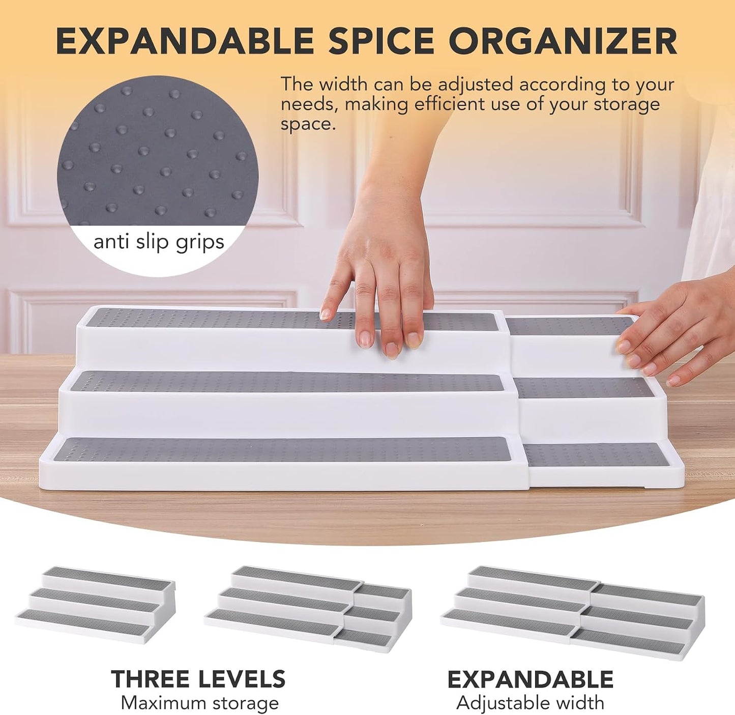 CiWiVOKi 3 Tier Expandable Spice Rack Organizer, Plastic Spice Rack, Adjustable Length 14.6In-25.8In, Non-Skid Tiered