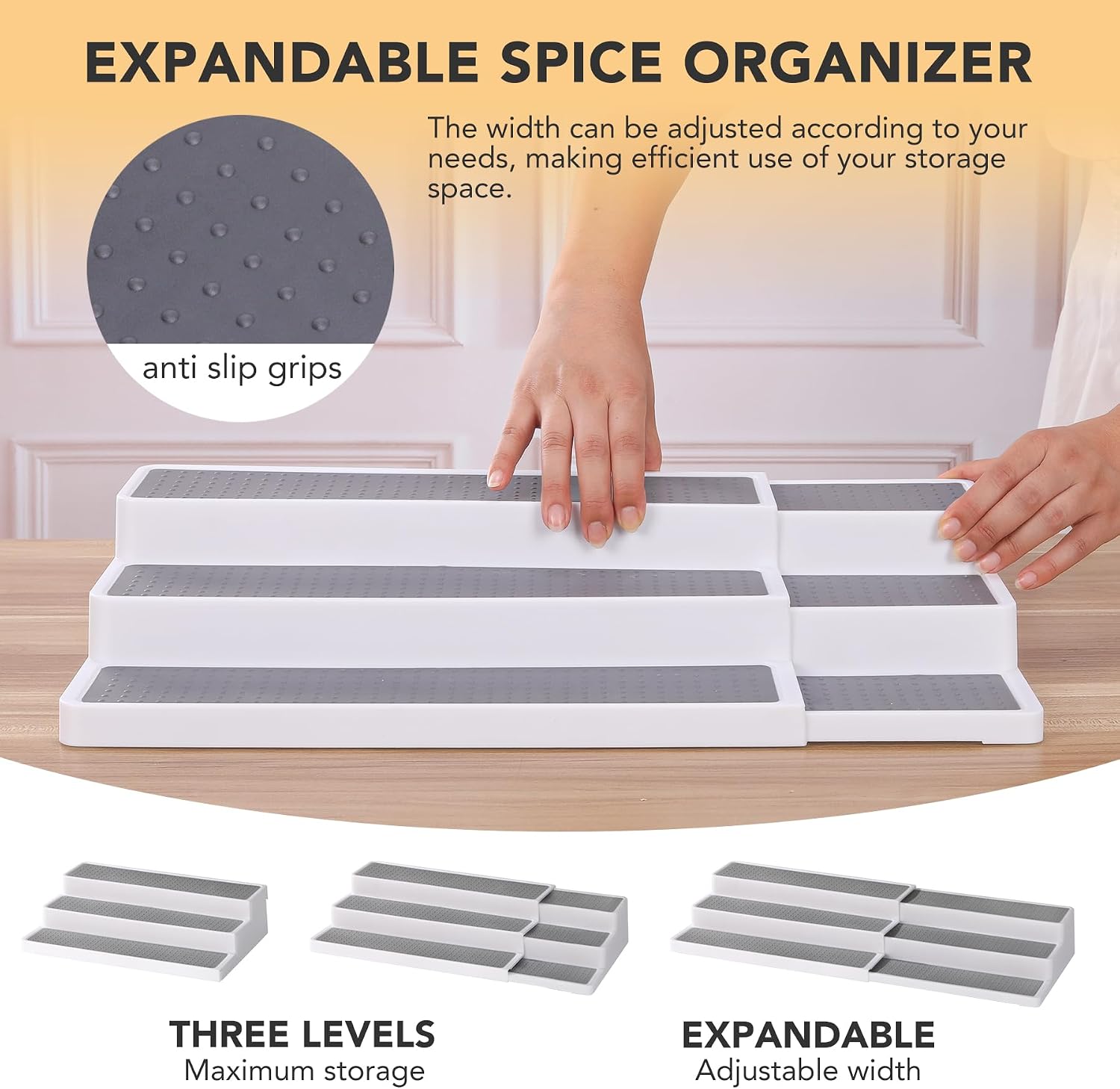 CiWiVOKi 3 Tier Expandable Spice Rack Organizer, White/Grey Plastic Spice Rack, Adjustable Length 14.6In-25.8In, 2 Pack
