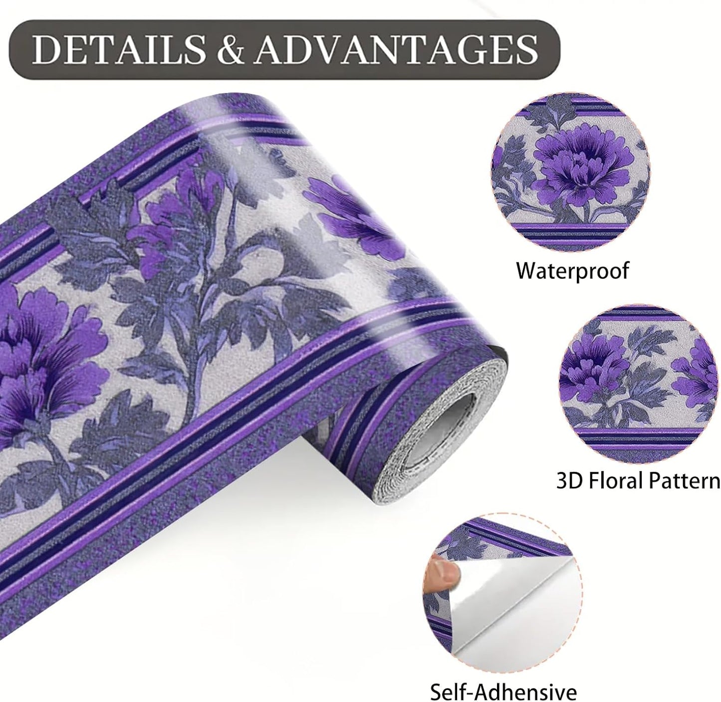 Purple Floral Wallpaper Border Peel and Stick Wall Border Self Adhesive / Purple Floral#2 / 196 x 4