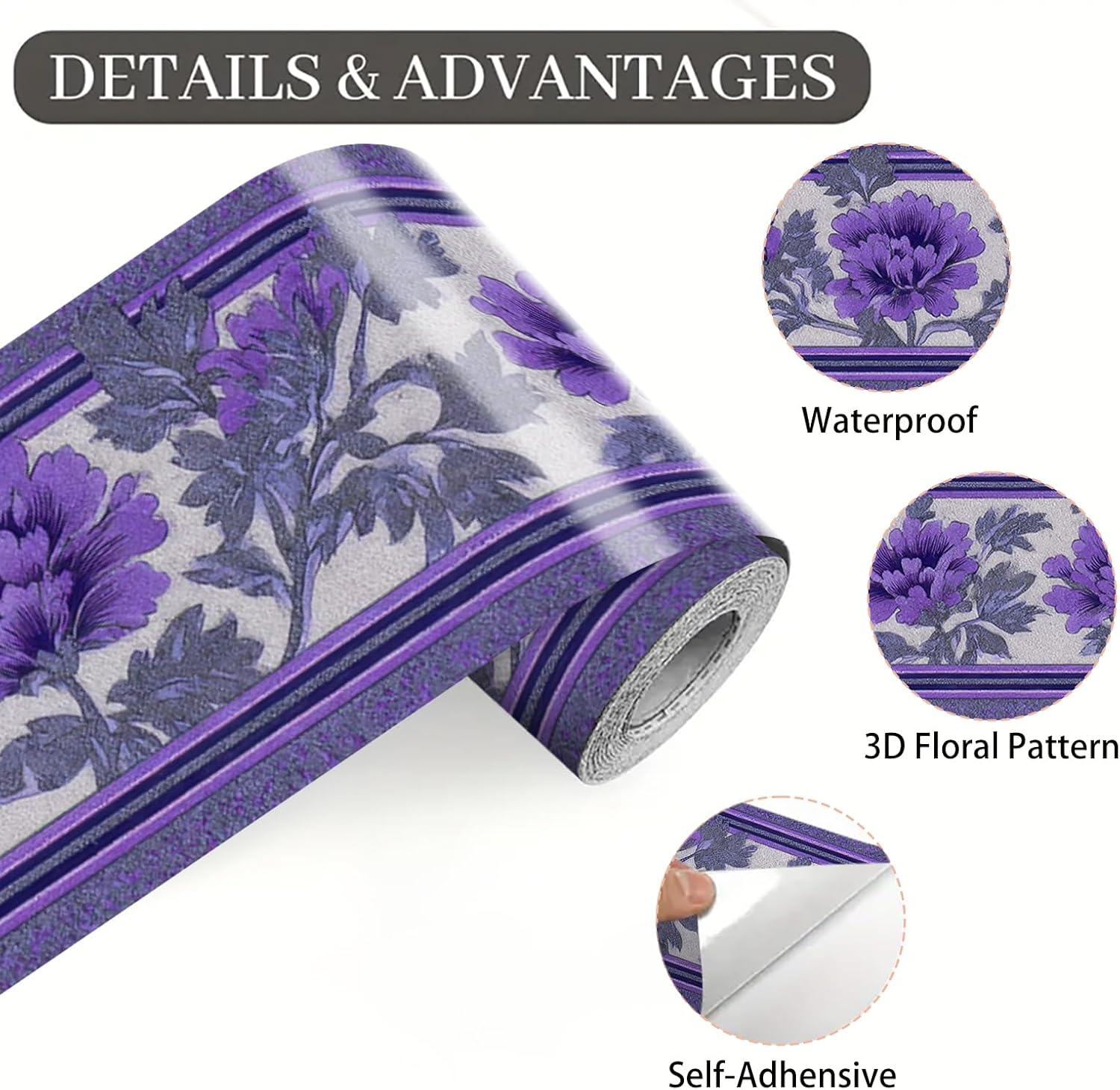 Purple Floral Wallpaper Border Peel and Stick Wall Border Self Adhesive / Purple Floral#2 / 196 x 4