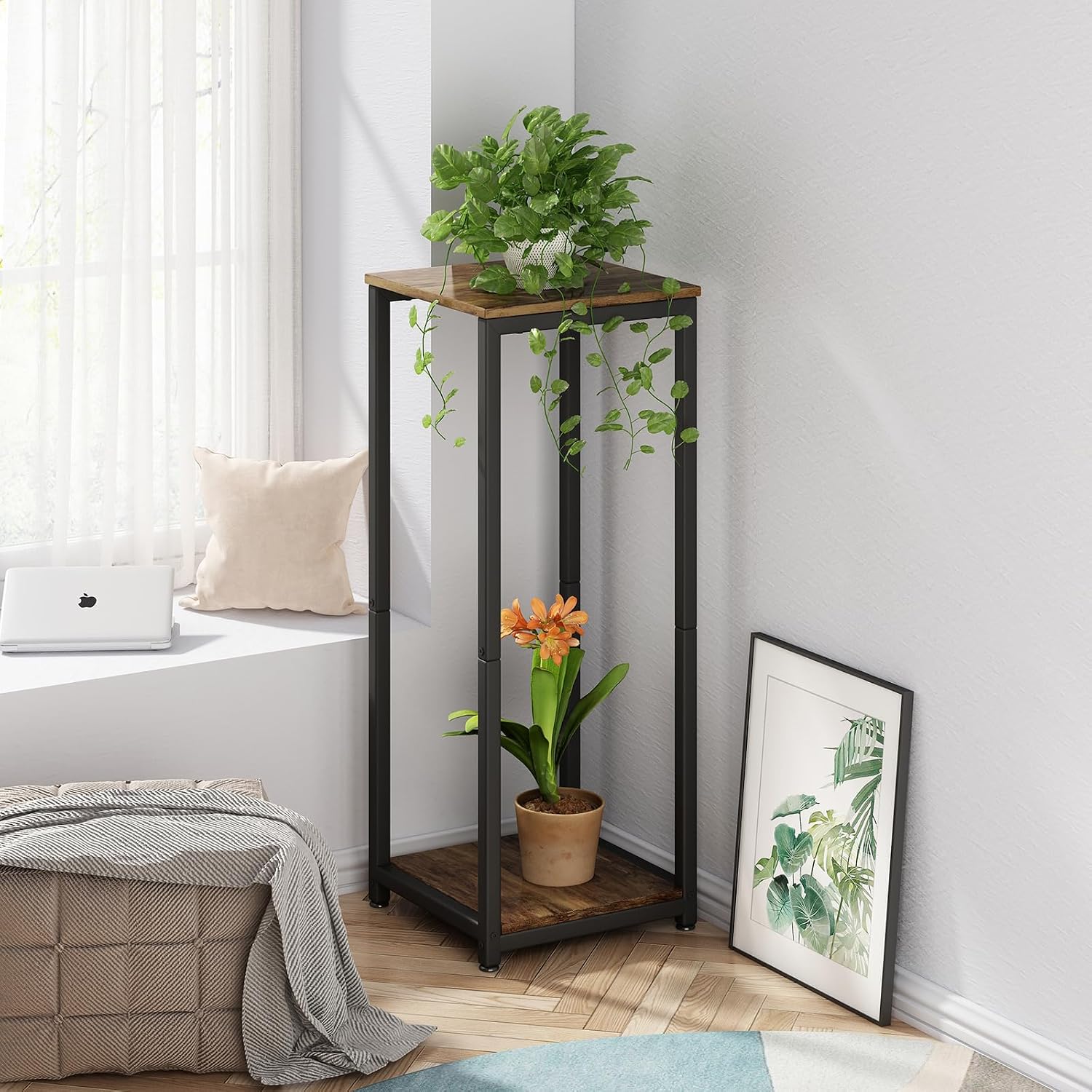 2 Tier Plant Stand Indoor Corner Tall Square Shape Plant Shelf | Modern Metal MDF board Flower Storage,Suitable tight