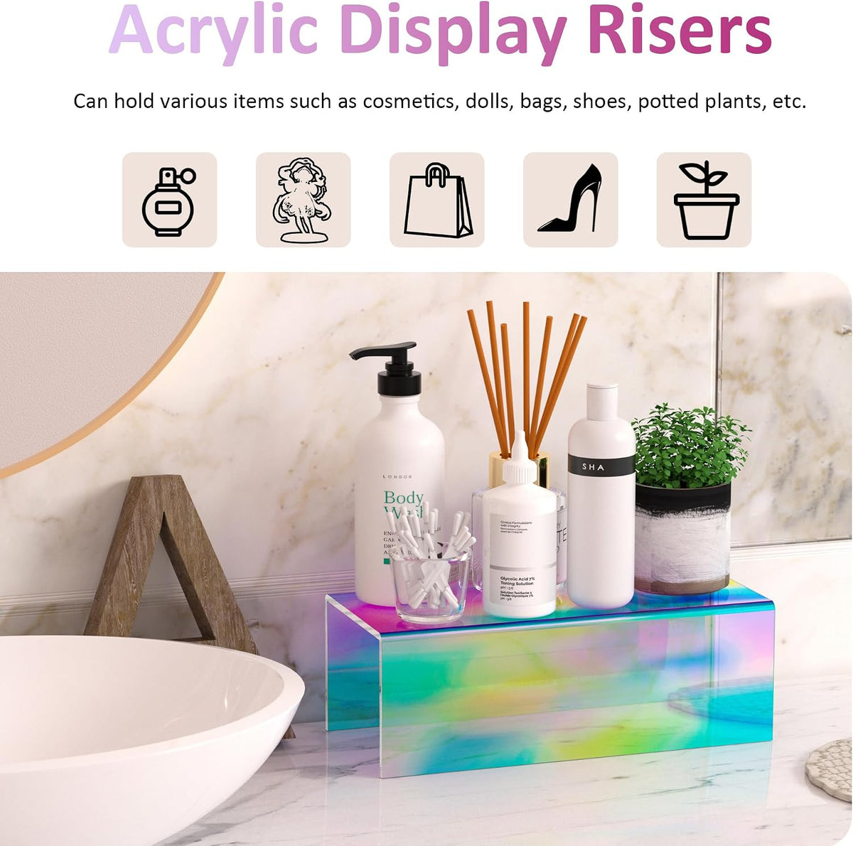 Sezanrpt Acrylic Shelf Riser 12x5.1x4 pack of 2, Iridescent Acrylic Stand for Funko Pop, Collectibles, Brand Store