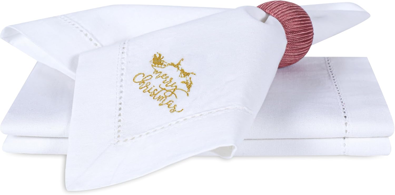 Bedding Craft Cotton Cloth Dinner Napkins, White & Gold, 18x18, 12-Pack | 100% cotton, gold embroidery, machine