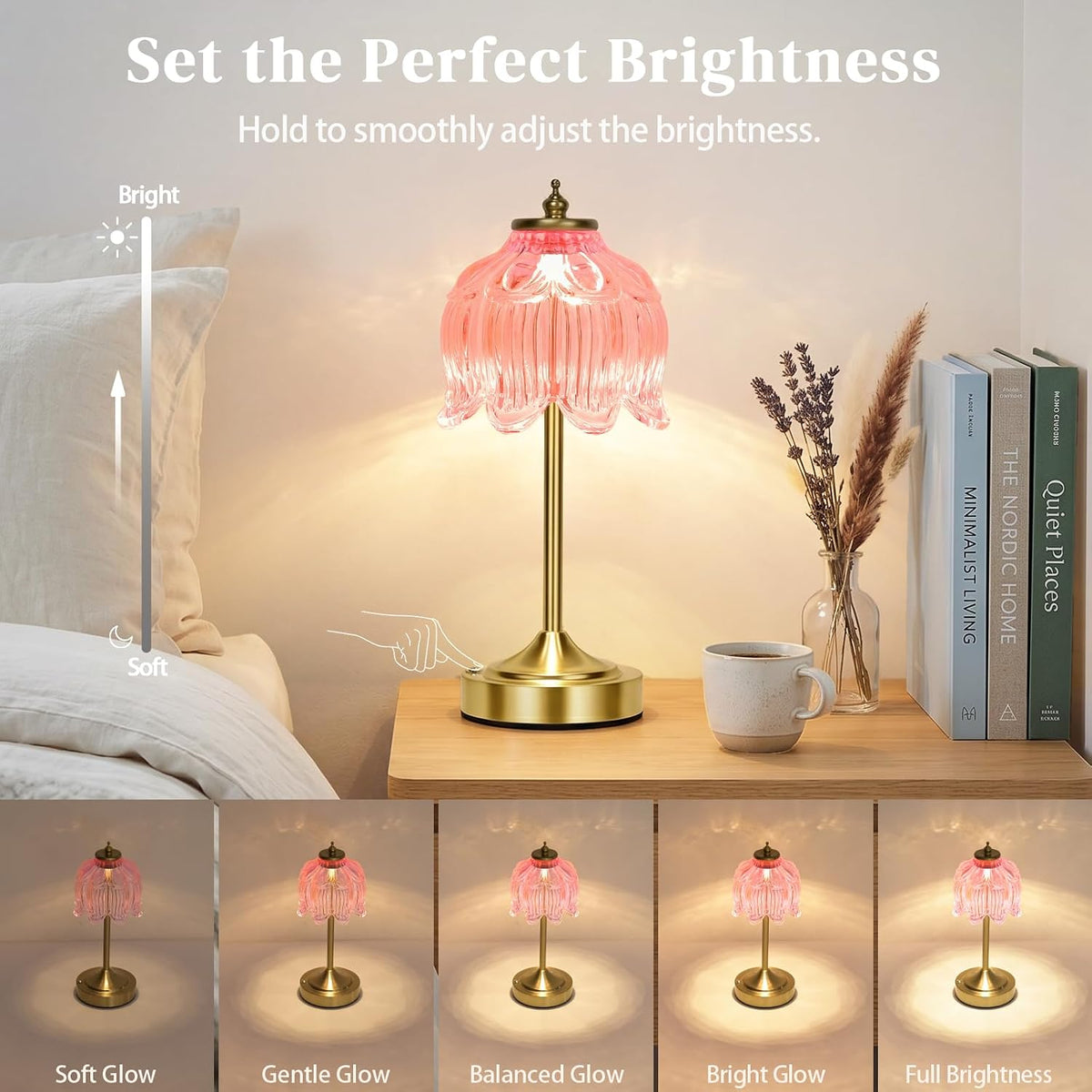 Pink Glass Flower Lamp, Rechargeable Cordless Table Lamp | Amber rechargeable lamp with 5200mAh battery, 3 color modes