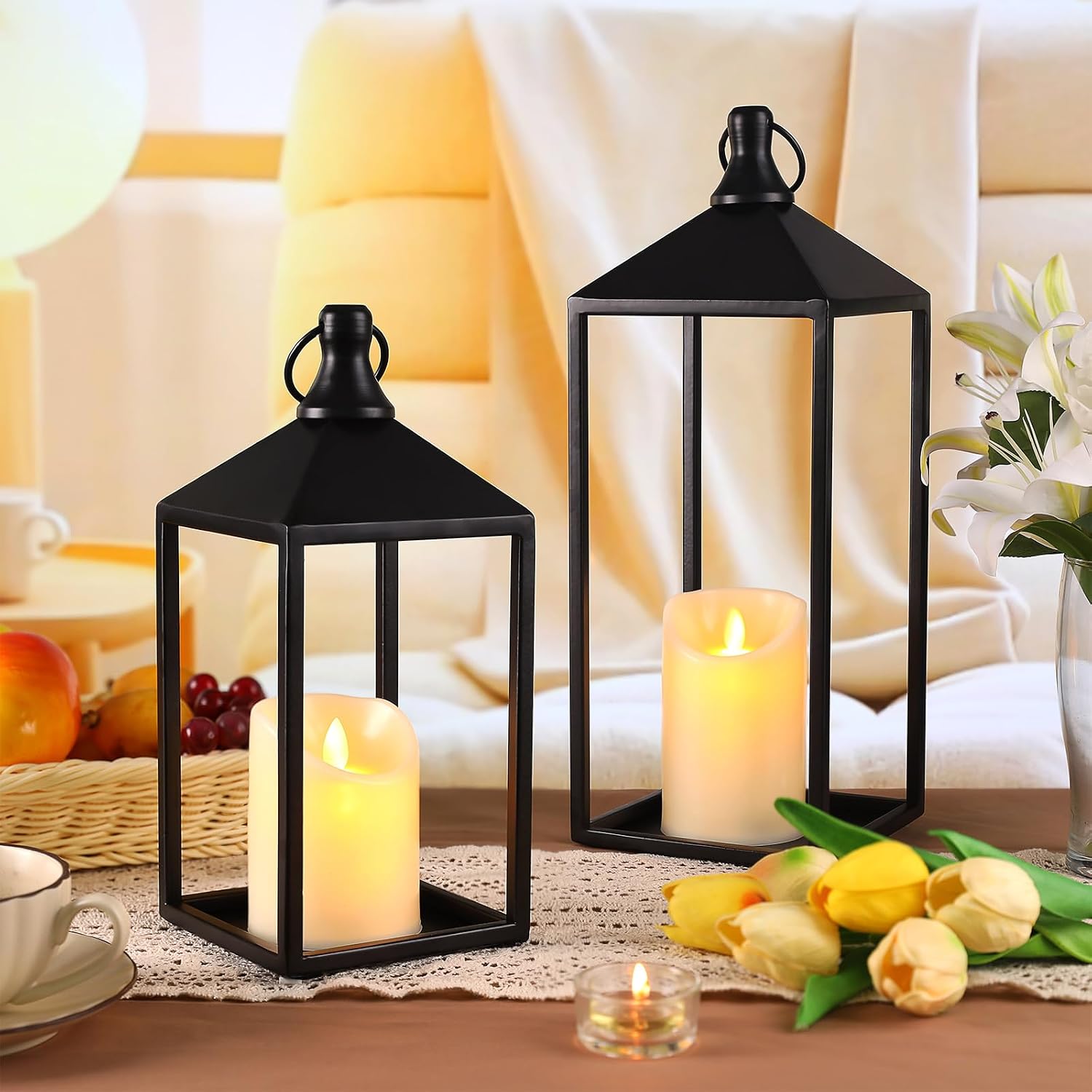 2 Pcs Black Decorative Metal Lanterns Farmhouse Lantern Decor with Candles | 15" 11" Outdoor Candle Lanterns for