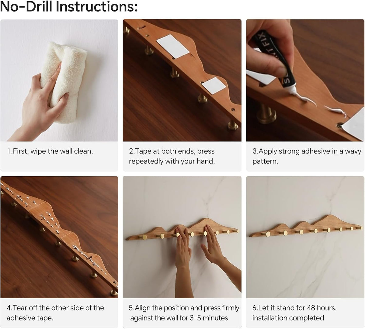 Wall Coat Rack, Cherry Wood, 8 Hooks | Elegant, Solid Coat Hanger, Wall Mount with Brass Hooks, Moisture-Resistant Wax