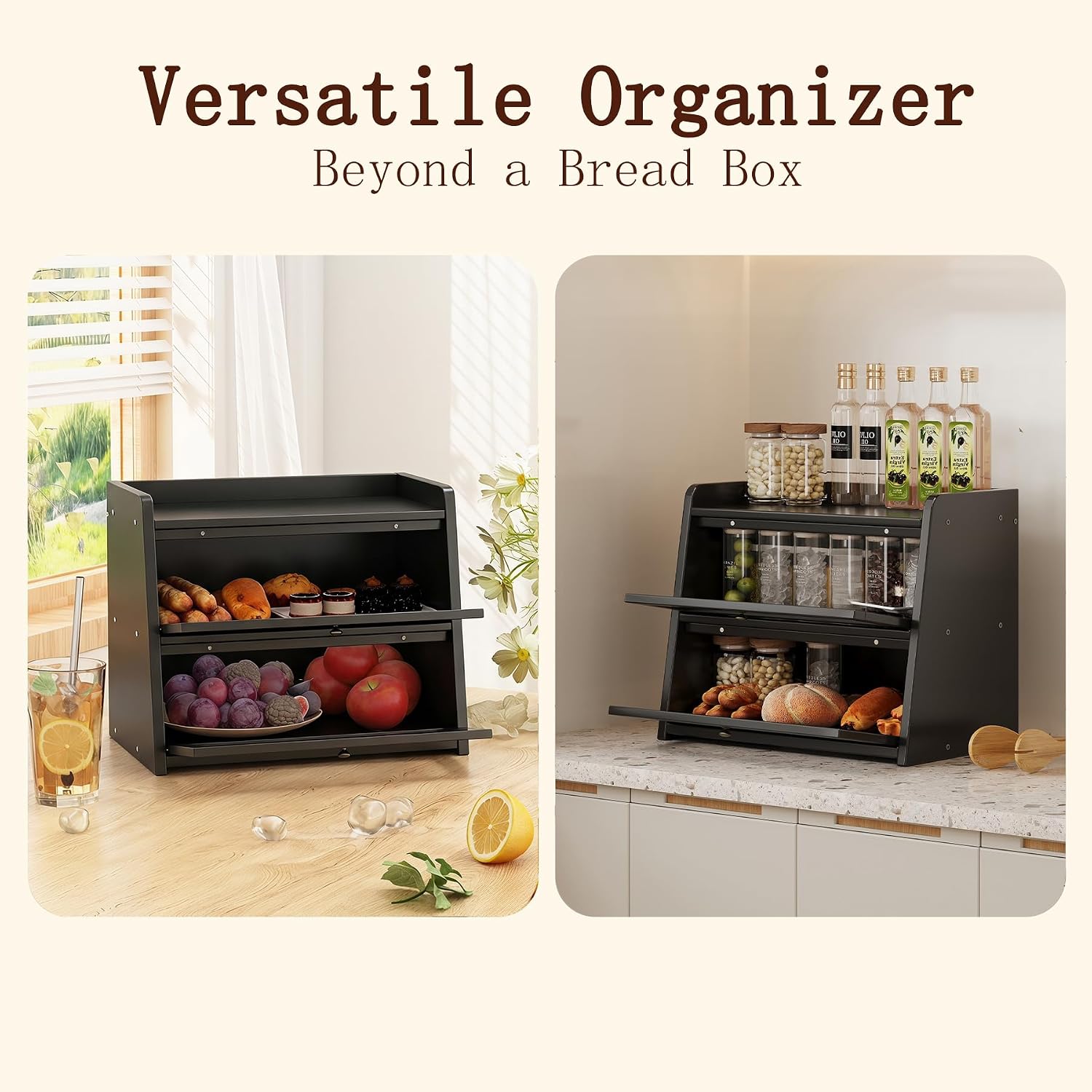 Double Layer Large Bamboo Bread Box for Kitchen Counter, Wooden Large Capacity Bread Storage Bin with Window Bread