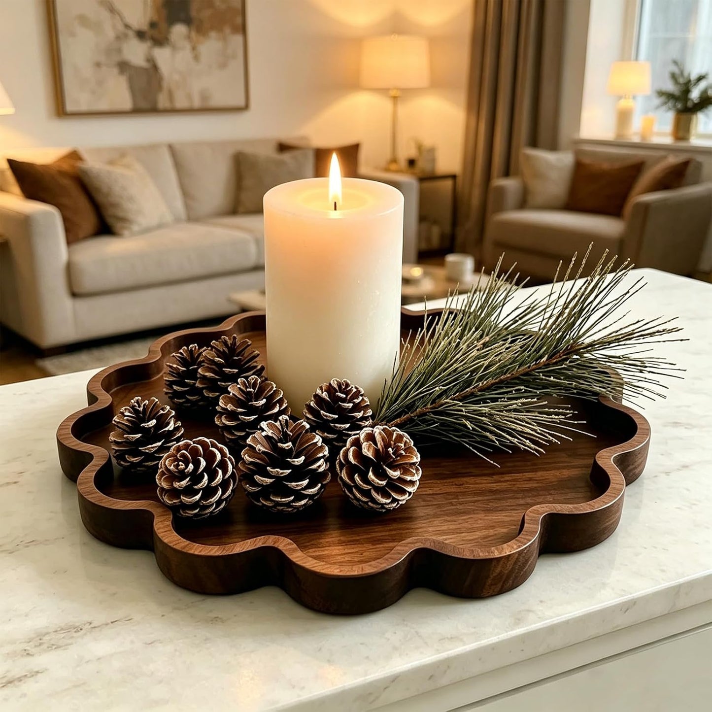 Decorative Serving Tray Wood Scalloped Serving Tray Round Wooden Display Plate / 12.6 Inch