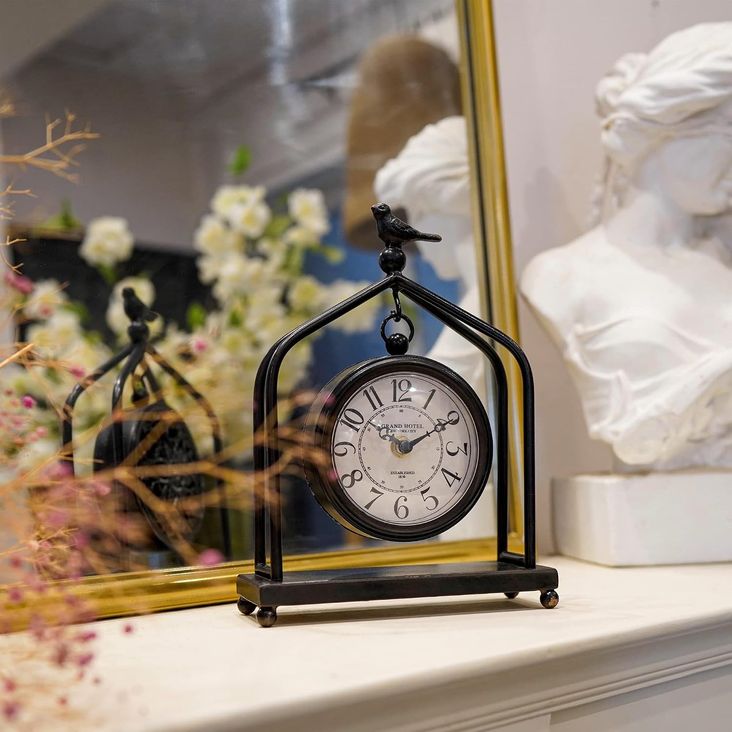 SOFFEE DESIGN 7.5'' x 10'' Mantel Clock Iron Tower Frame, Creative Bird Ornament Tabletop Clock, Silent Clock with