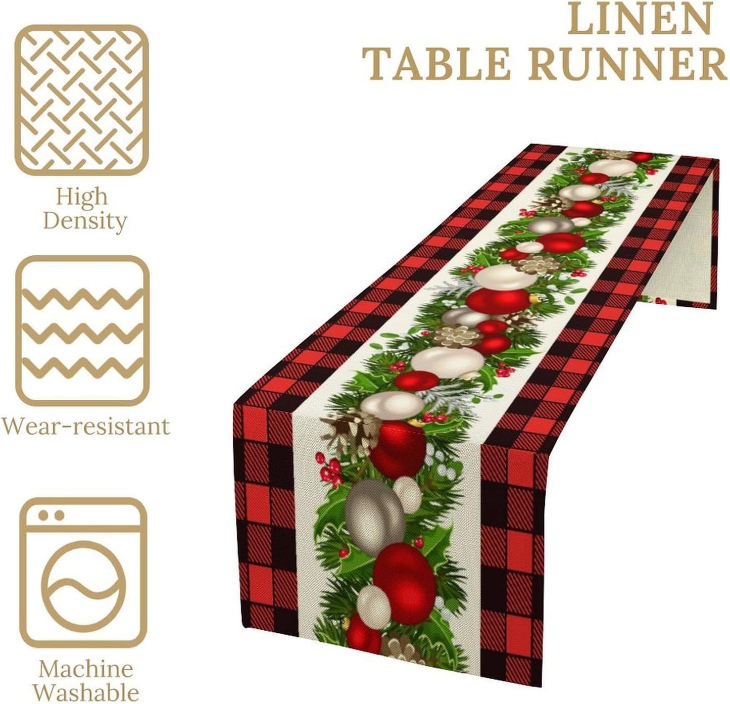 Christmas Linen Table Runner, Red and Black Buffalo Plaid Winter Xmas Holiday Farmhouse Style Patterns Printed Linen