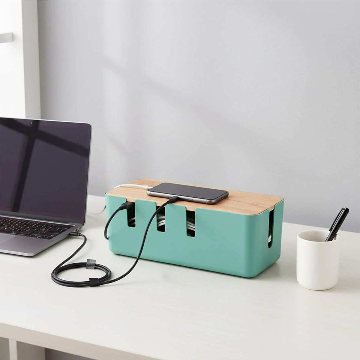 Relaxdays Cable Box for 2-Outlet Strips with Wooden Lid, Plastic, Cable Management, Organizer, 11.5 x 30.5 x 12.5 cm