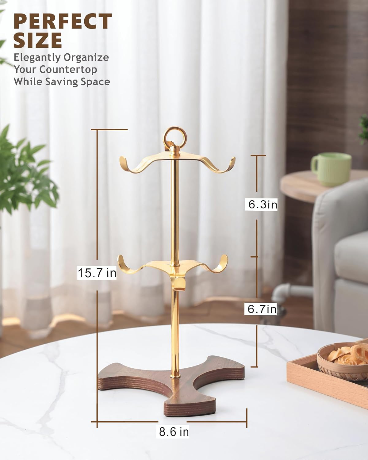 Gold Mug Holder Tree for Countertop | 2-Tier Coffee Mug Rack Holds 6 Large Mugs, 5oz to 20oz | Elegant Golden Cup Stand