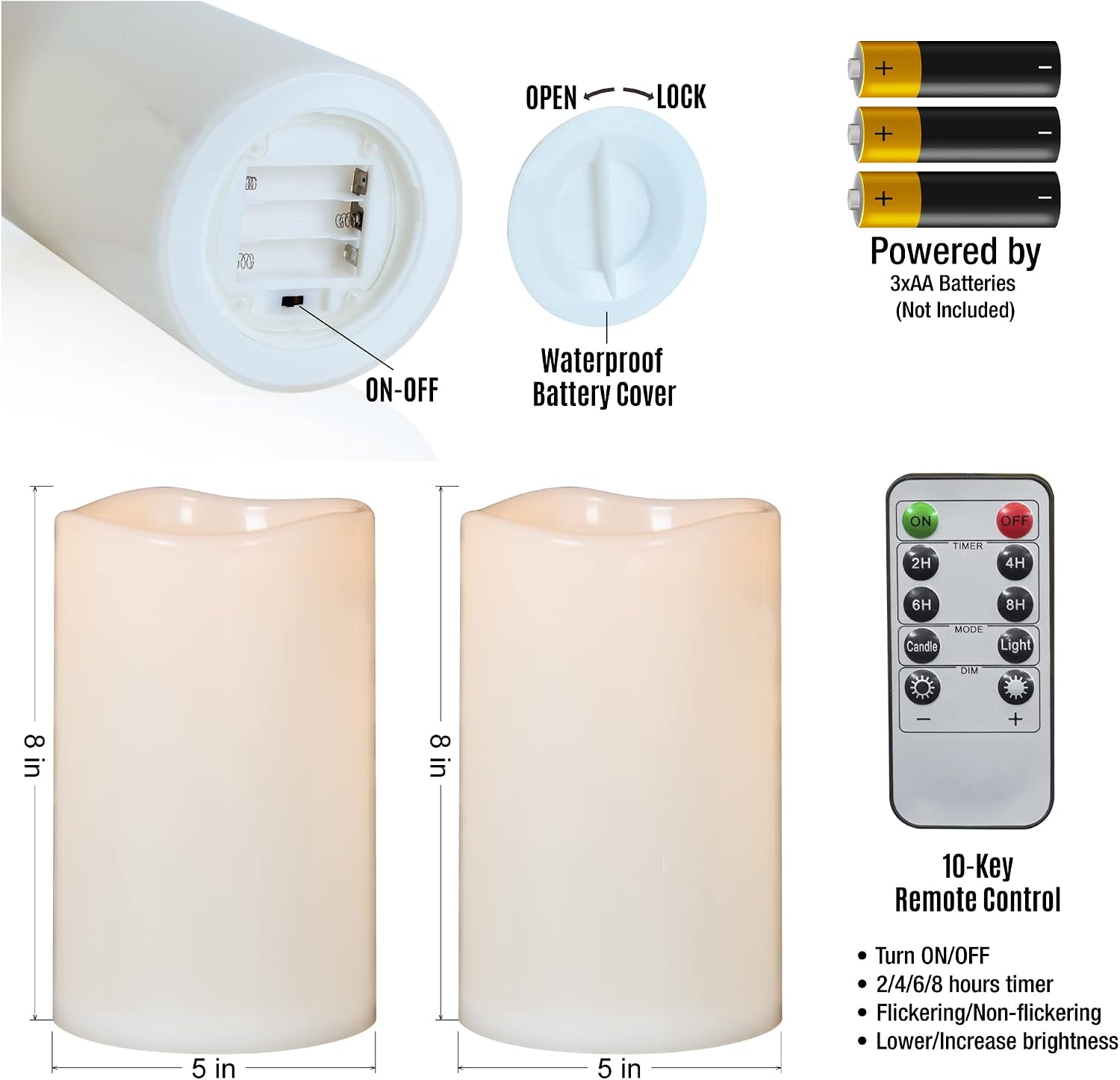 8" x 5" Waterproof Outdoor Flameless Candles Battery Operated LED Flickering Pillar Candles with Remote and Timer for