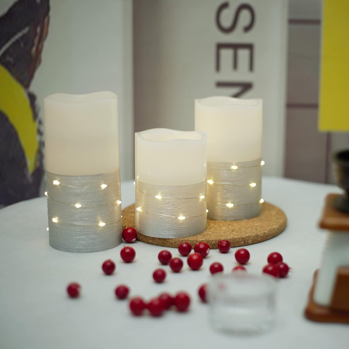 H-BLOSSOM Flickering Flameless Candles Ivory Real Wax Pillar with Embedded String Lights LED Candles Battery Operated