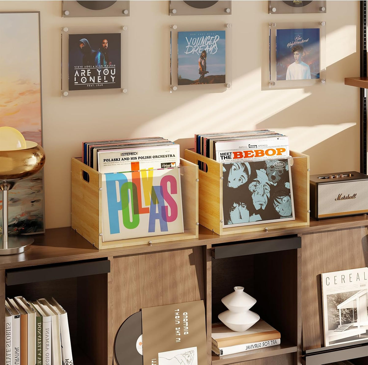 X-cosrack 2-Pack Vinyl Record Storage Box, Bamboo & Acrylic Crate | Visible Vinyl Record Holder with Handle, Cube CD