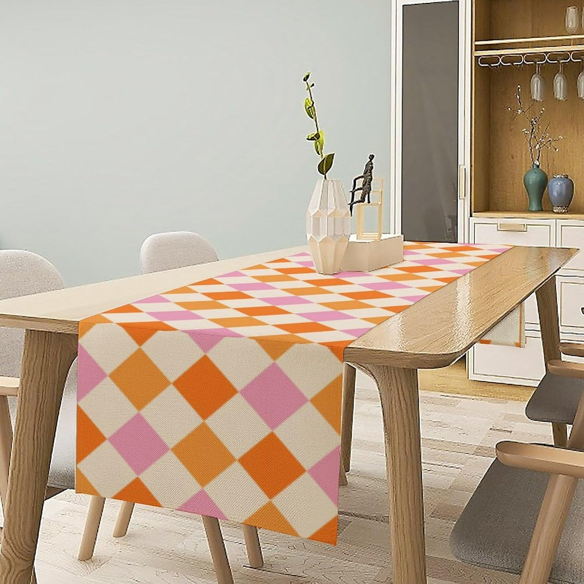Retro 70s Hippie Table Runner Geometric Square Grid Yellow Orange Pink 1960s 1970s Vintage Country Farmhouse Dinner