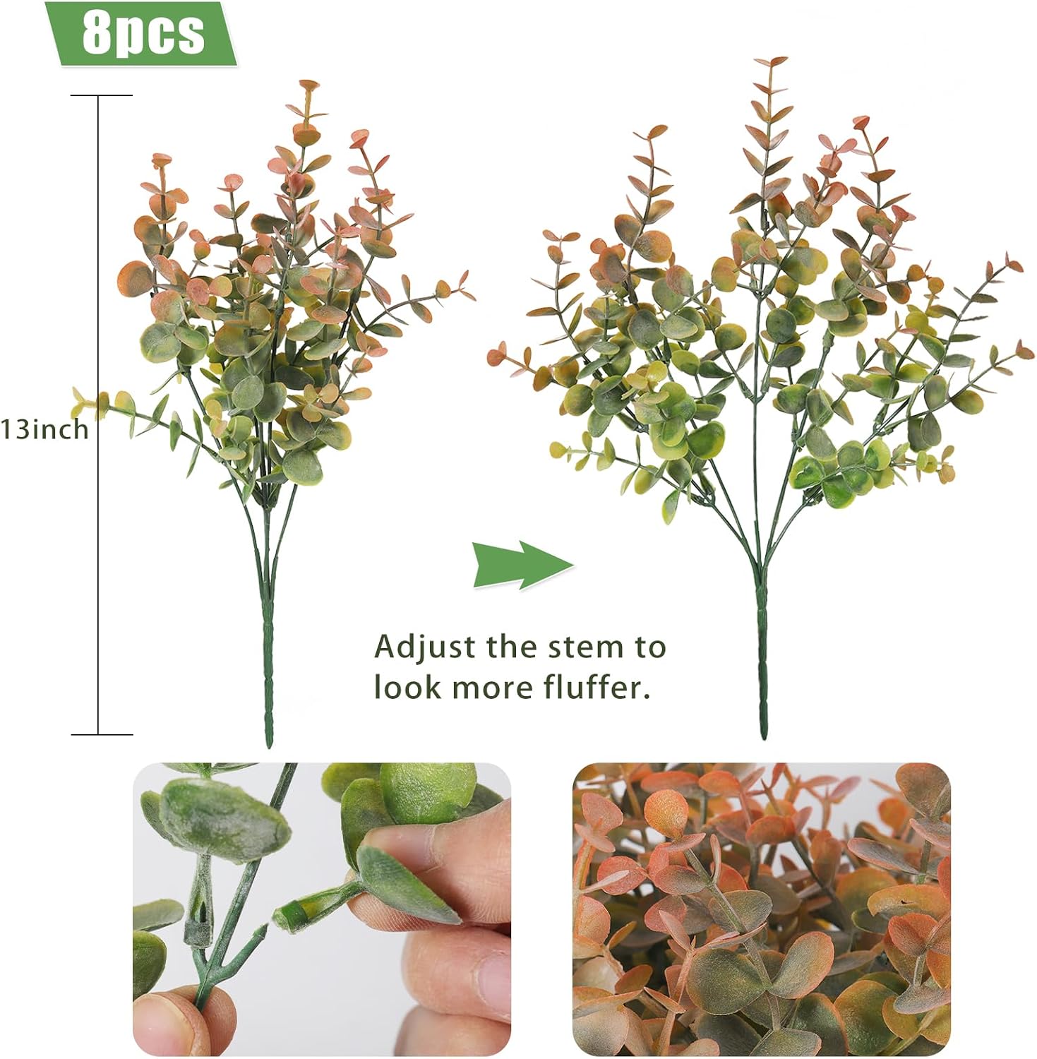 8 Bundles Artificial Greenery Plants Stems Outdoor Fake Eucalyptus Plants / Dusty Orange / Set of 8