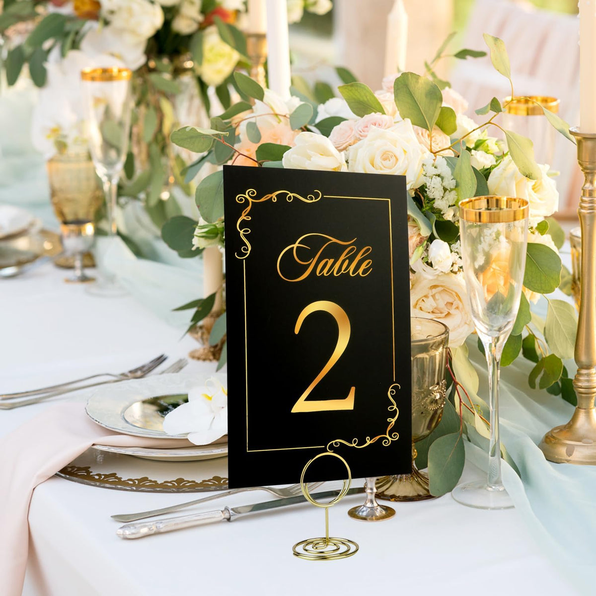Wedding Table Numbers 1-40 and Head Table Card, Black Gold Table Number Cards with 41 Gold Table Number Holders, 1 Set