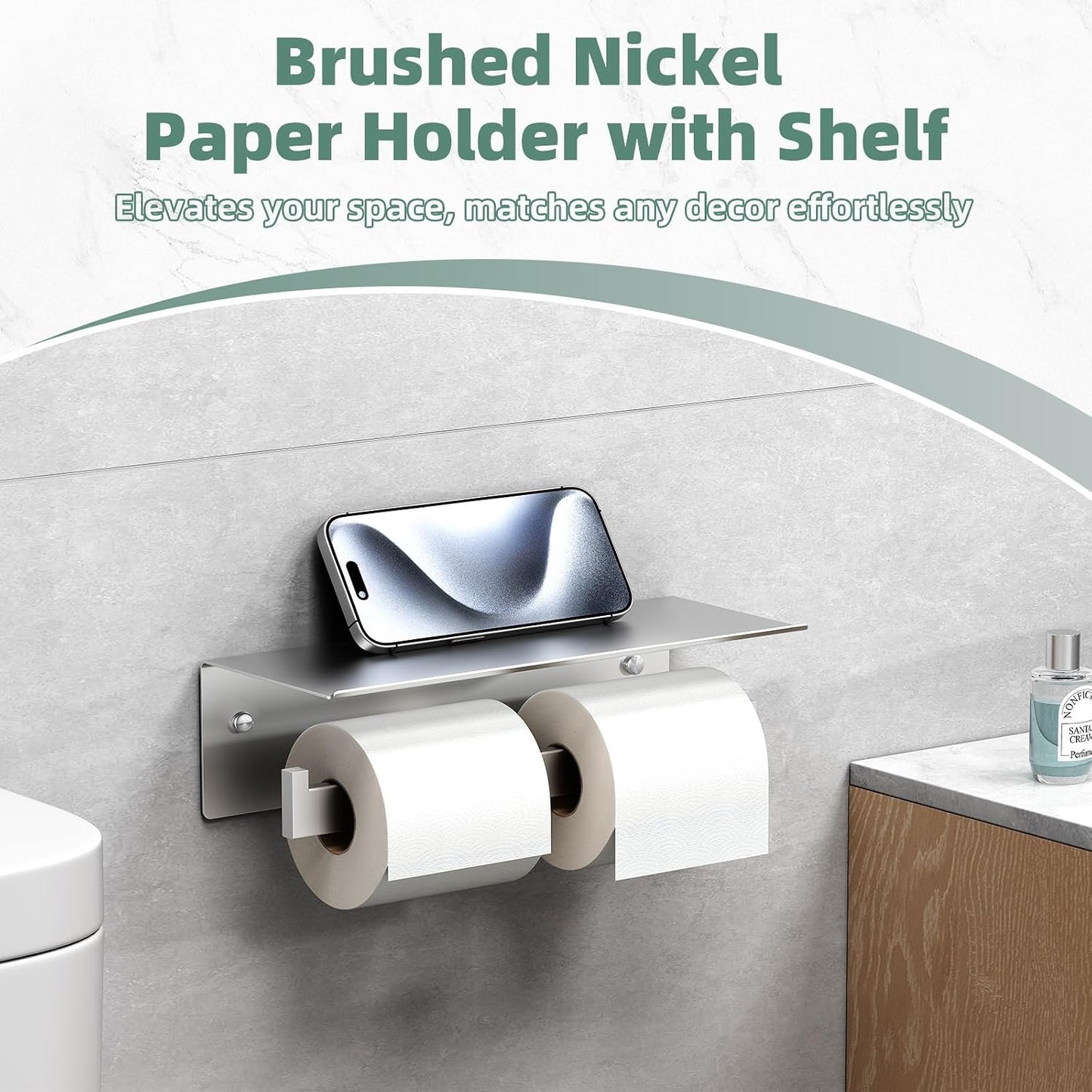 APLusee Dual Roll Toilet Paper Holder, Brushed Nickel, 304 Stainless Steel | Multiuse Top Shelf, Air Freshener & Tissue