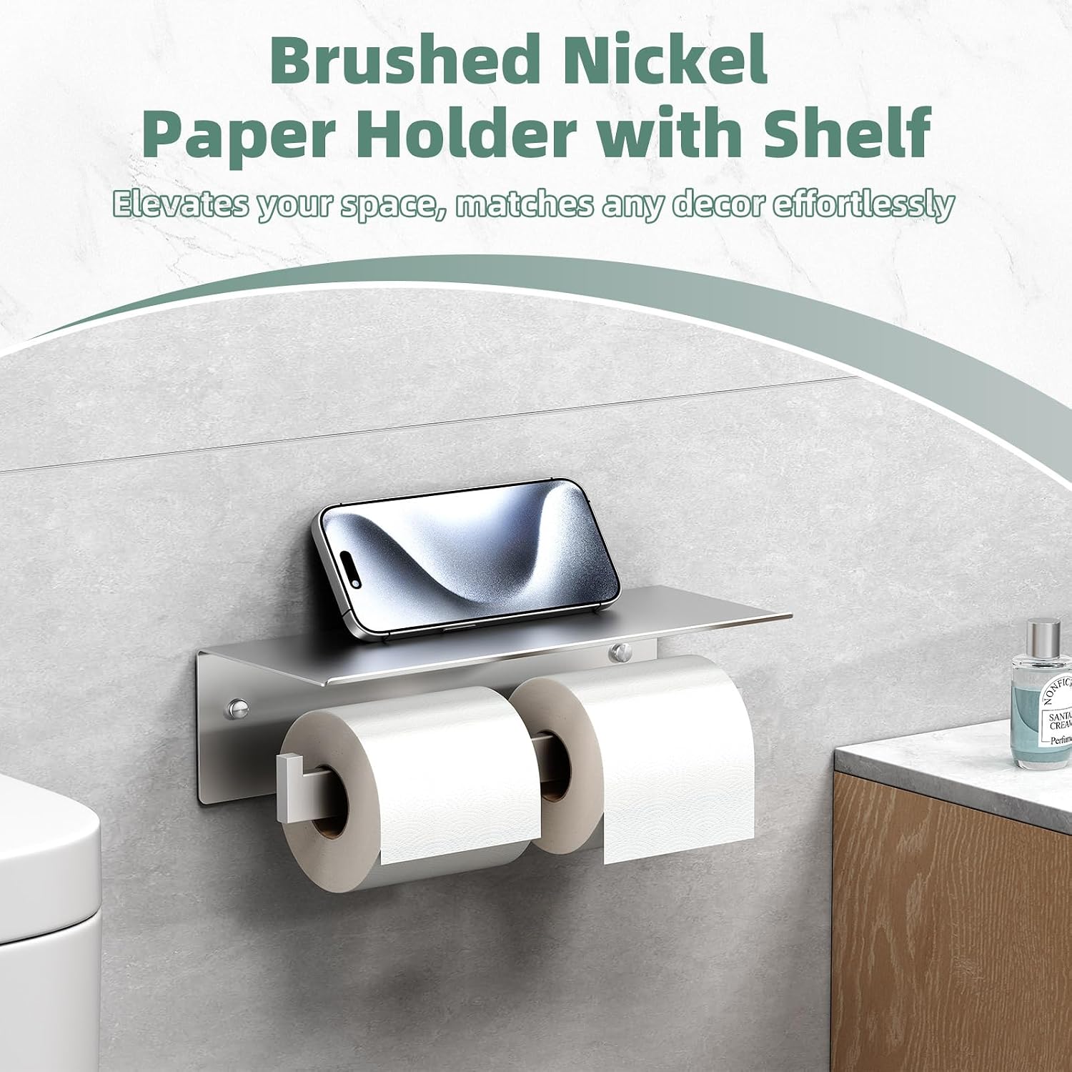 APLusee Dual Roll Toilet Paper Holder, Brushed Nickel, 304 Stainless Steel | Multiuse Top Shelf, Air Freshener & Tissue