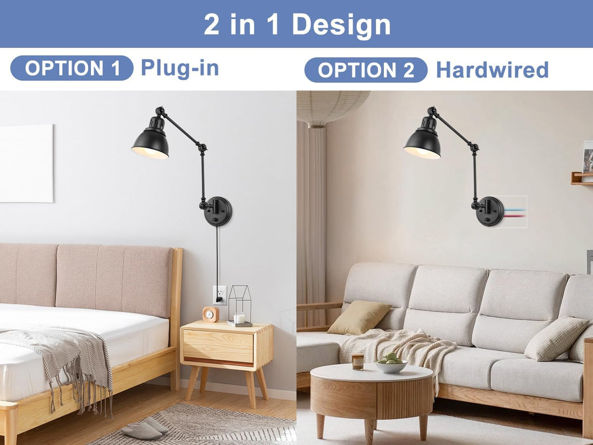 GOODATE 1 Pack Plug in Wall Sconce, Dimmable On Off Switch, Swing Arm Wall Lamp, Black Metal Industrial, Plug in Wall