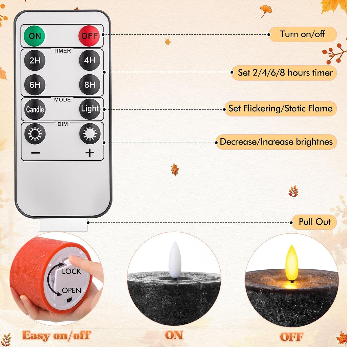 3 Pcs 6/8/12 Inches Fall Flameless LED Candles with Remote and 2/4/8h Timer Orange Black White Battery Operated Wax