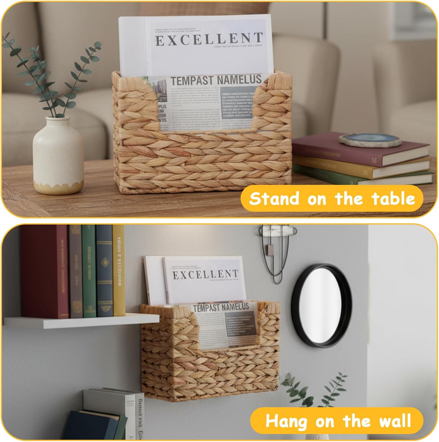 Woven Hanging Magazine Holder Water Hyacinth Magazine Basket Wall Mounted Woven Mail Organizer