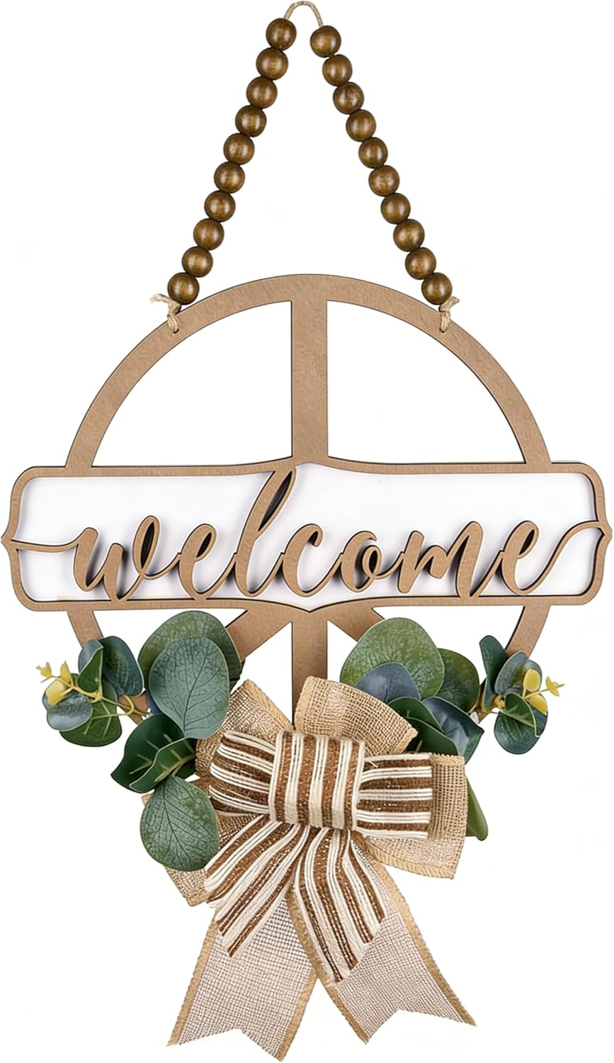 CondorPasea 12 Inch Round 3D Welcome Door Sign, 0.4" Thick Solid Wood Front Door Welcome Sign with Artificial Greenery
