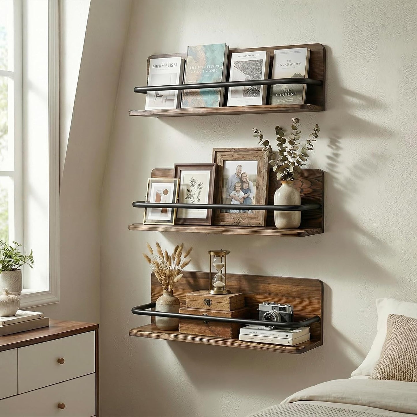 MyGift Plate Wall Hangers for Display, Set of 3 Wall Mounted Plate Rack for 6 to 10 Inch Plates, Decorative Wood Stand