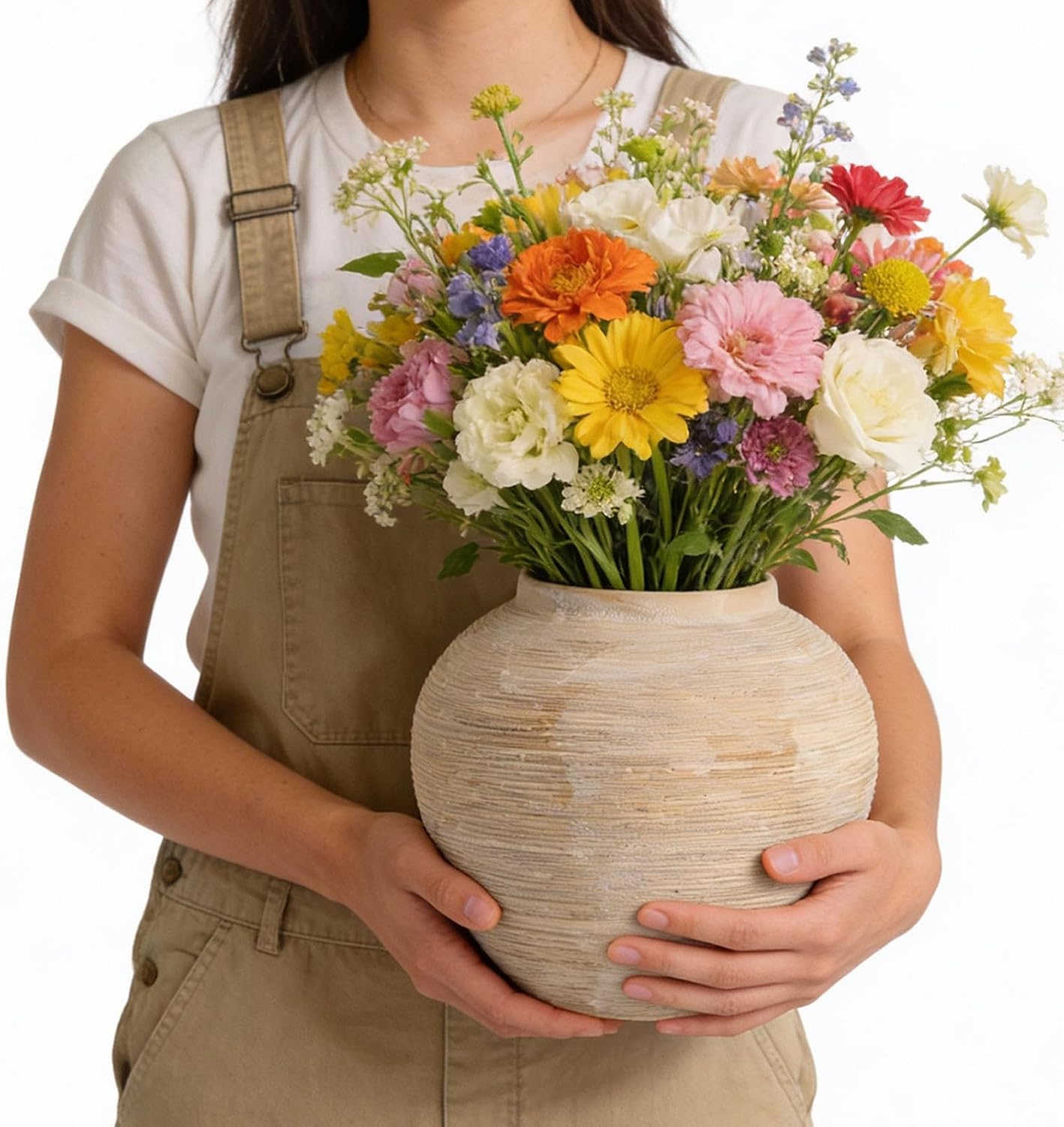 Large Rustic Ribbed Vase Home Decor / 01 - Large Rustic Ribbed Beige / 8.8 Inch