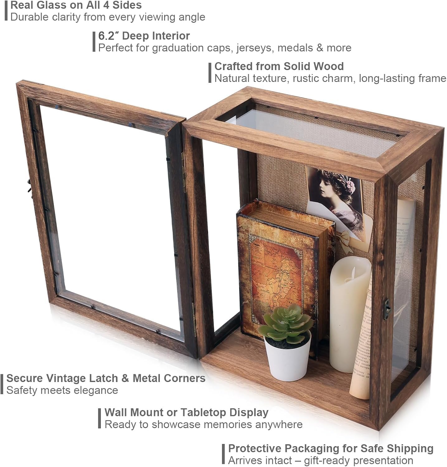Shadow Box Display Case 11x14 Deep with Glass on 4 Sides, 6.2in Depth Wall Mounted Memory Box for Keepsakes, Wooden