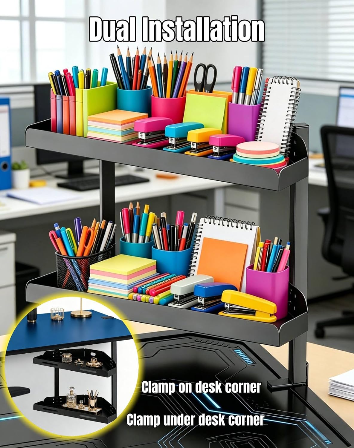 Yuxh Desk Clamp Corner Shelf 16 Inch, Black | Space-saving, clip on or under corner shelf for panel tabletop, office