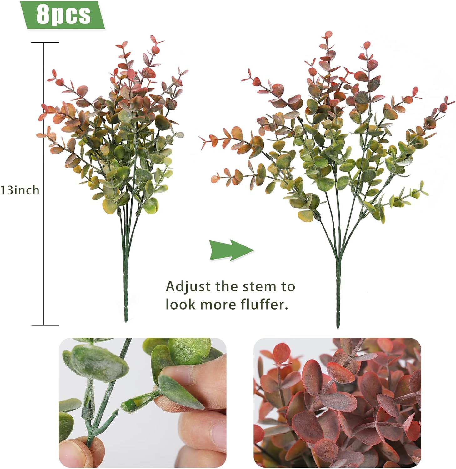 8 Bundles Artificial Greenery Plants Stems Fake Eucalyptus Plants Boxwood / Dusty Red / Set of 8