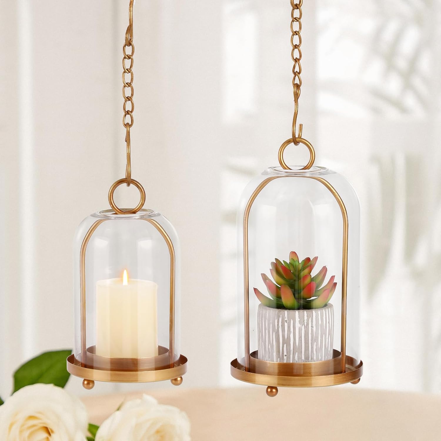 Vintage Brass Metal Candle Lantern with Thick Glass Dome Set of 2 | Shabby Chic Style Candle Holders (5.25"x10" &