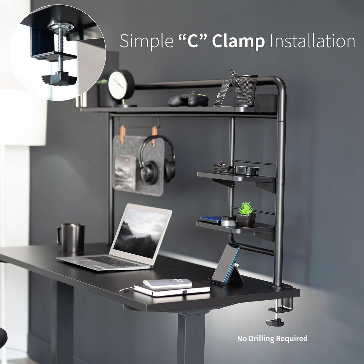 VIVO Black Clamp-on 50 inch Desktop Shelving System, DESK-SHELF55A | Raised Accessory Storage Shelves, Magnetic Memo