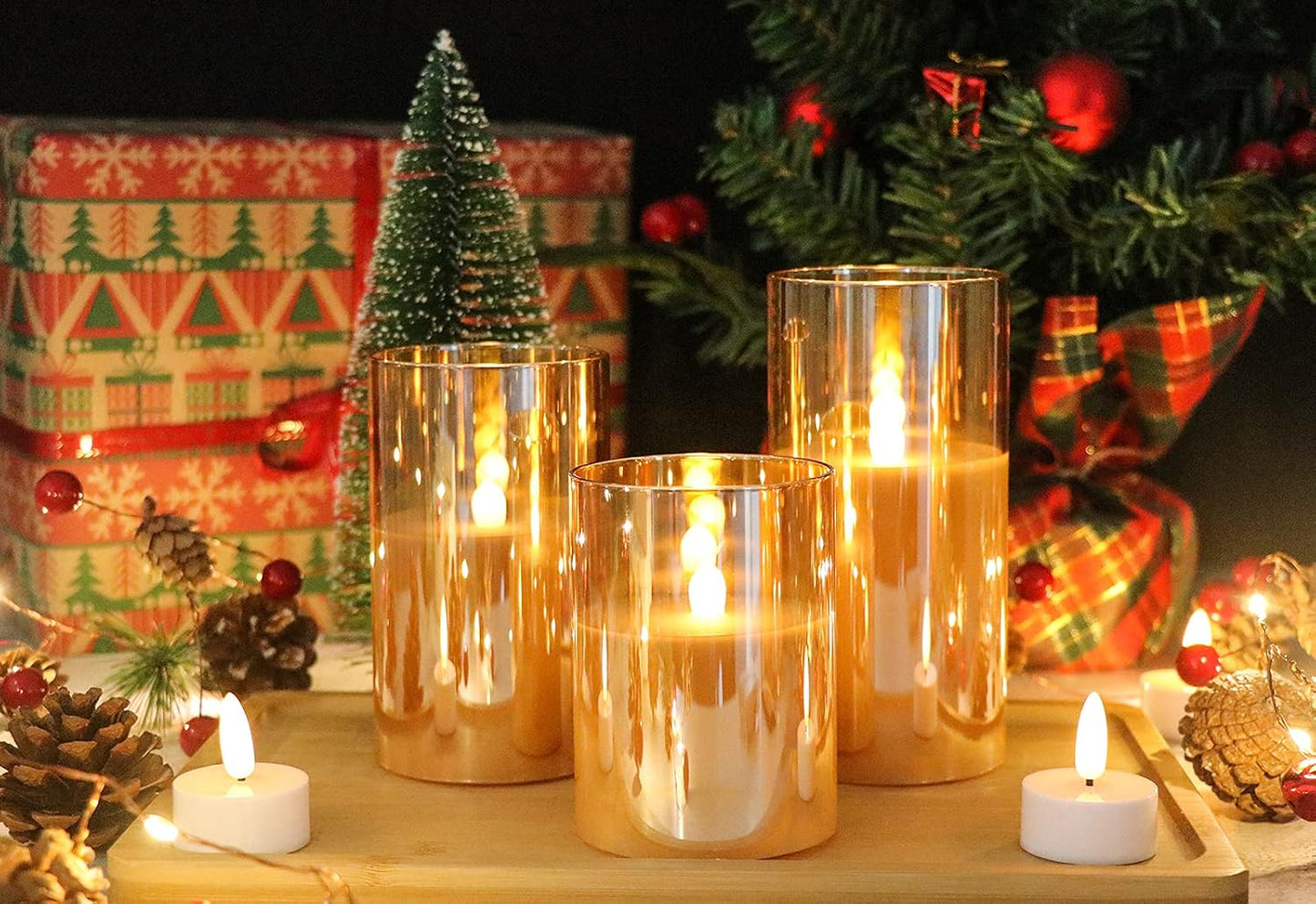 GenSwin Glass Flameless Led Candles Battery Operated with Remote Timer Gold | Bookshelf Decor, Moody Bathroom Decor