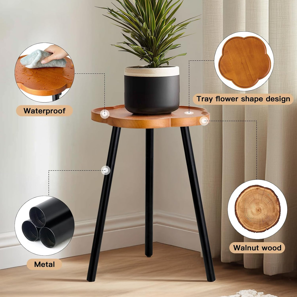 KINNARY Plant Stand Indoor, Wood Plant Table Plant Holder with Raised Design,Heavy Duty Metal Flower Pot Stand, Mid