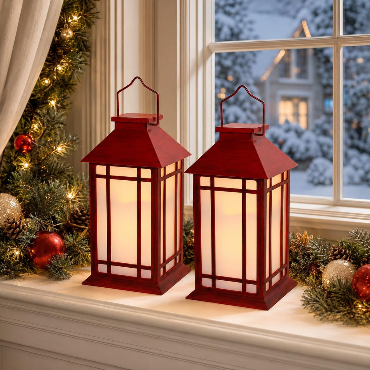 Bdor 13 Inch Christmas Outdoor Decorative Lanterns with Candle Timer 2 Pack | Battery powered convenience, cozy