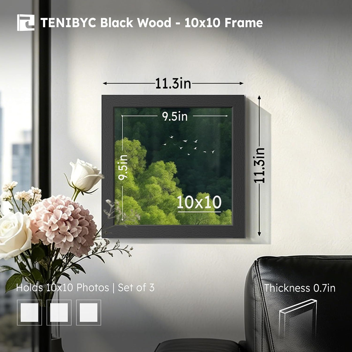 10x10 picture frame 3 Pack, Black Wood, Real Glass, for Photo, Art | Thick HD Tempered Glass, Wall Hanging, Horizontal