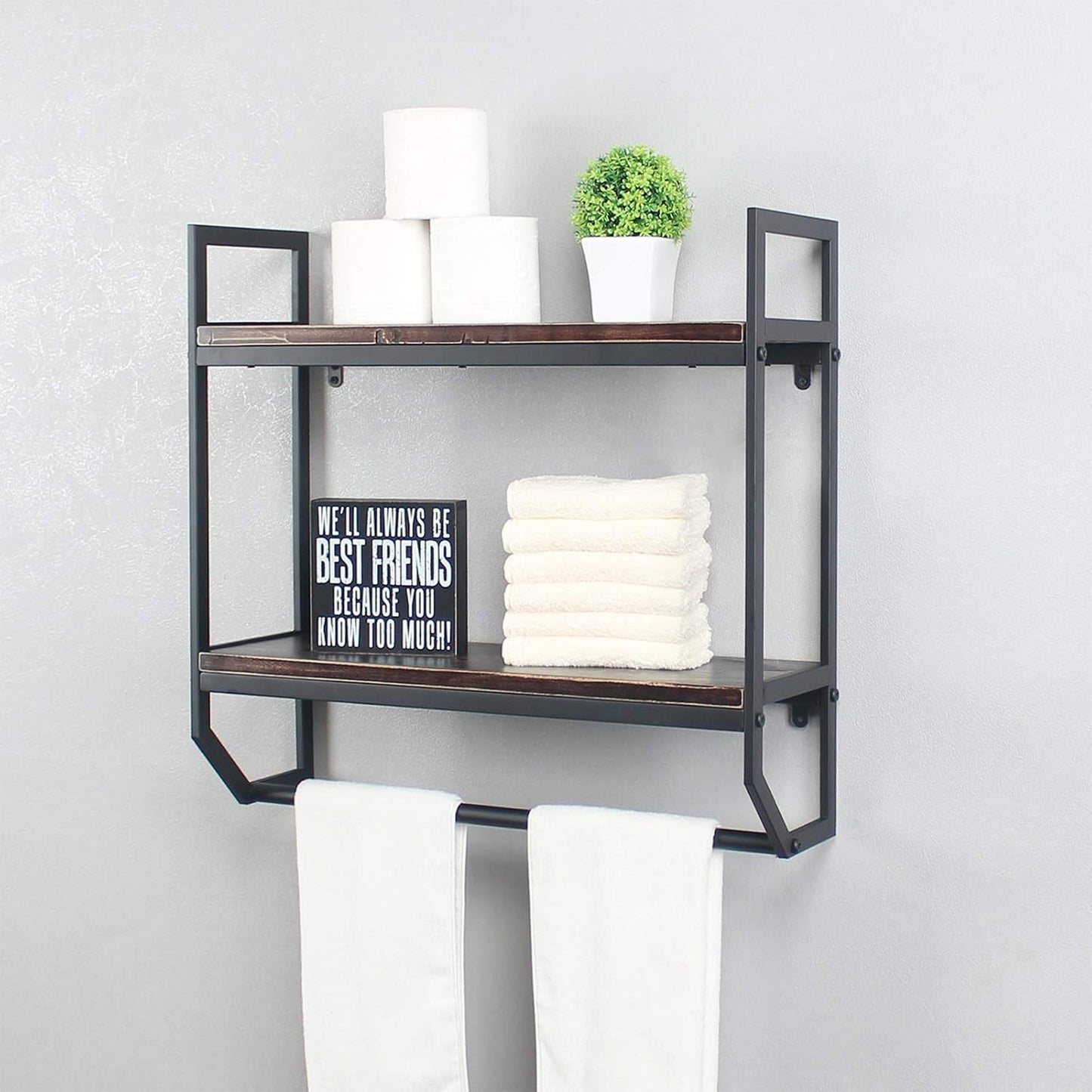 2-Tier Metal Industrial 23.6" Bathroom Shelves Wall Mounted,Rustic Wall Shelf Over Toilet,Towel Rack with Towel