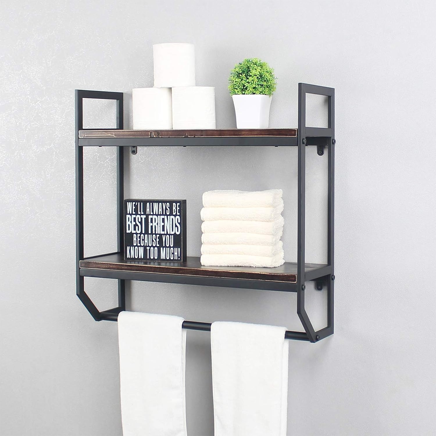 2-Tier Metal Industrial 23.6" Bathroom Shelves Wall Mounted,Rustic Wall Shelf Over Toilet,Towel Rack with Towel