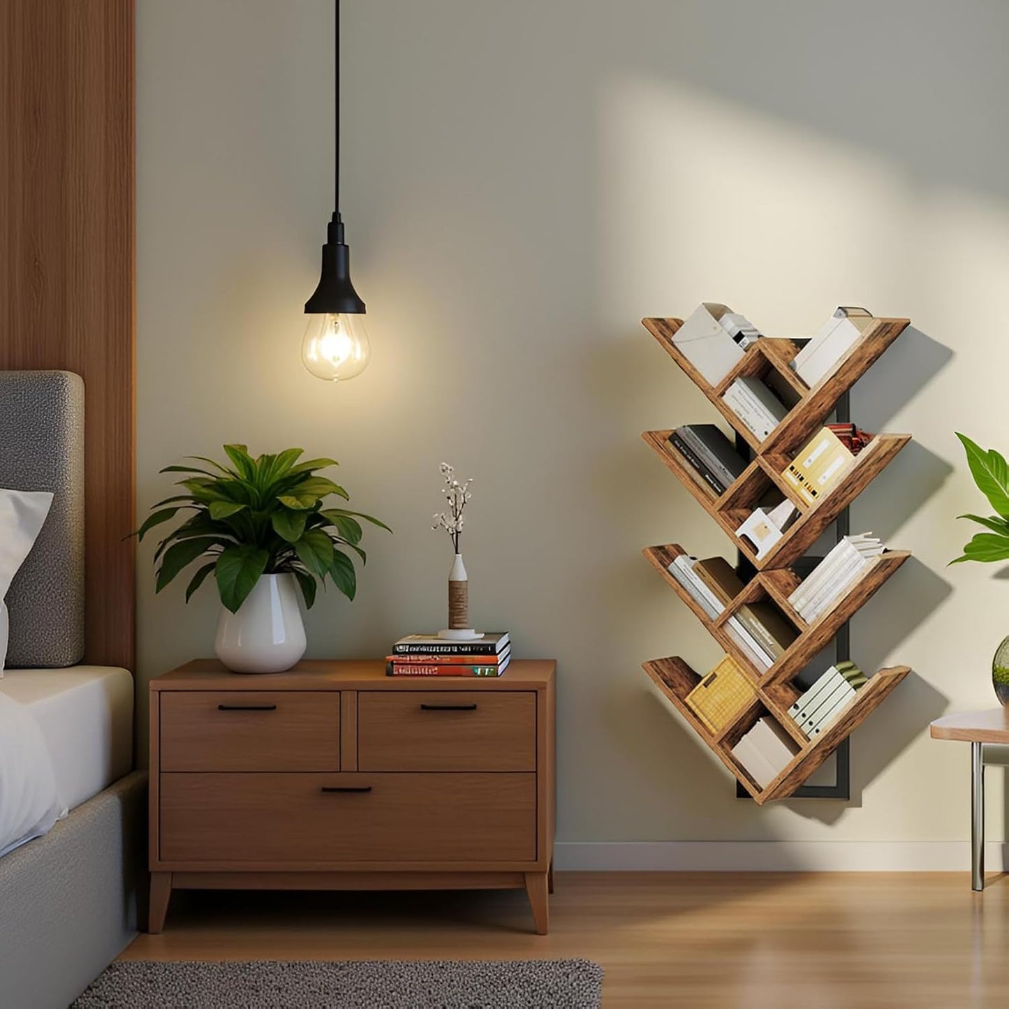 HOOBRO Floating Shelves for Wall, Set of 2 Wall Mounted Shelves, 2-Tier Wooden Tree Bookshelf, Hanging Shelves Storage